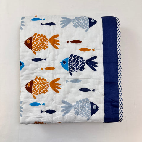 Oceanic Wonders Hand Block Printed & Quilted Baby Quilt