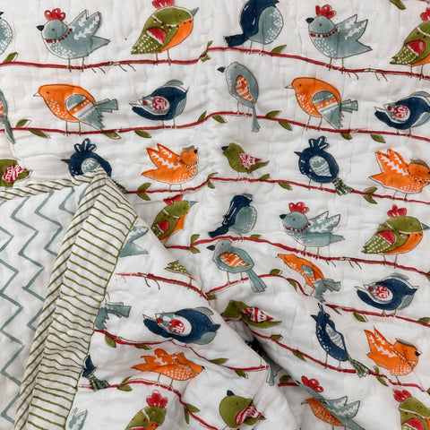 Chirpy Charm Hand Block Printed & Quilted Baby Quilt