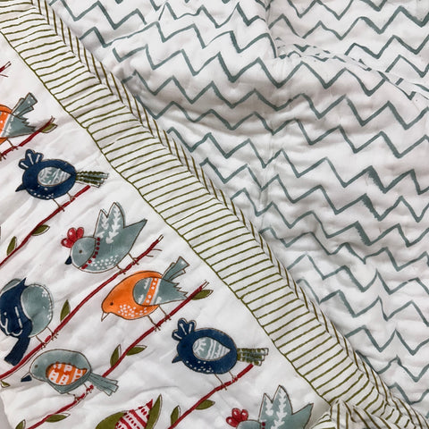 Chirpy Charm Hand Block Printed & Quilted Baby Quilt