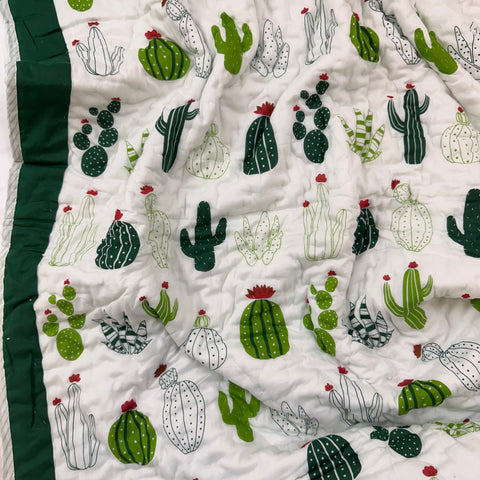 Green Cactus Cuddles Hand Block Printed & Quilted Baby Quilt