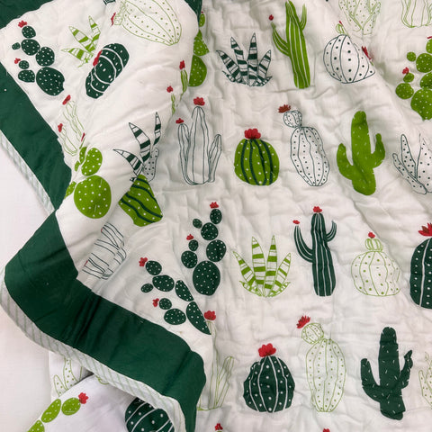 Green Cactus Cuddles Hand Block Printed & Quilted Baby Quilt