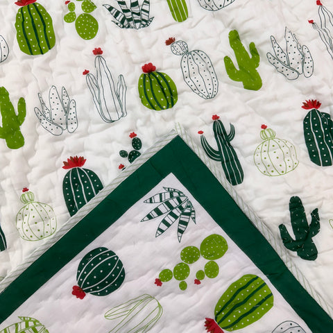 Green Cactus Cuddles Hand Block Printed & Quilted Baby Quilt