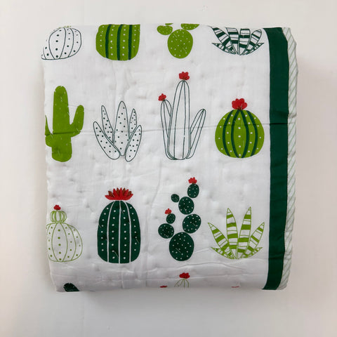 Green Cactus Cuddles Hand Block Printed & Quilted Baby Quilt