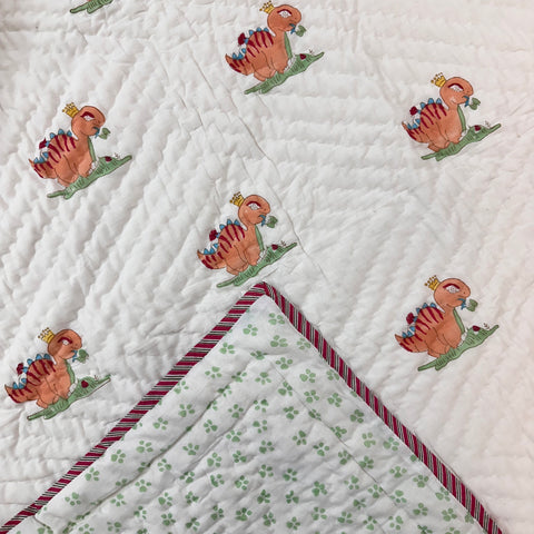 Dino King Hand Block Printed & Quilted Baby Quilt