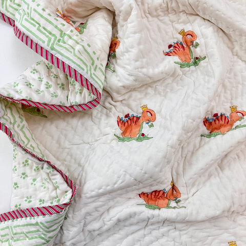 Dino King Hand Block Printed & Quilted Baby Quilt