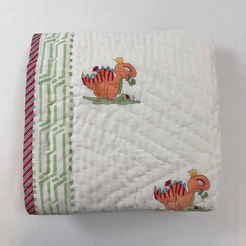 Dino King Hand Block Printed & Quilted Baby Quilt