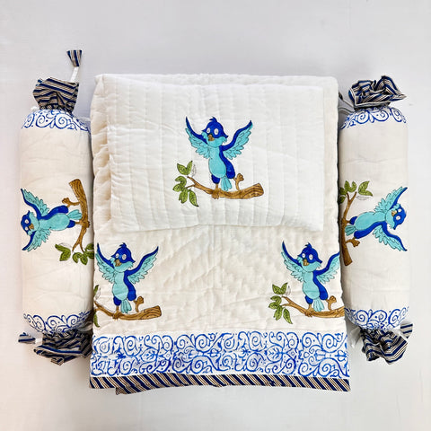 Blue Fluttery Nest Hand Block Printed Baby Set