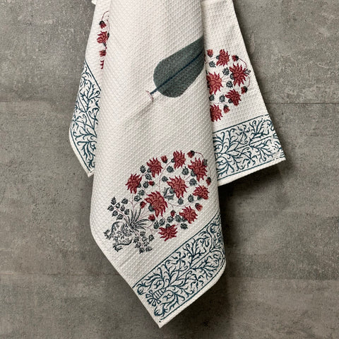 Red Chrysanthemum Block Printed Waffle Cotton Body Towel