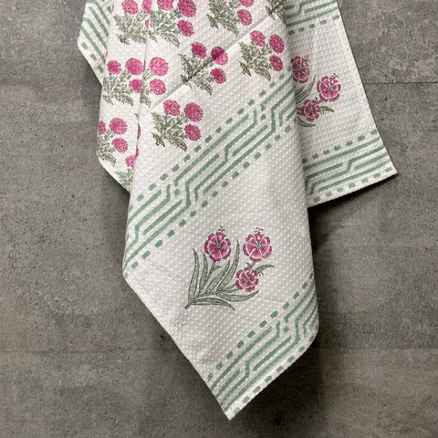 Pink Blossom Block Printed Waffle Cotton Body Towel