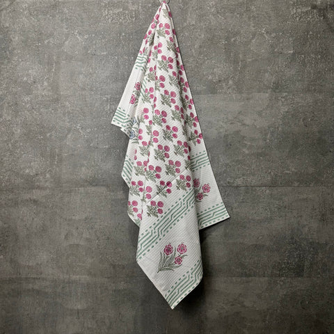 Pink Blossom Block Printed Waffle Cotton Body Towel