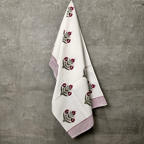 Crimson Blossom Block Printed Waffle Cotton Body Towel