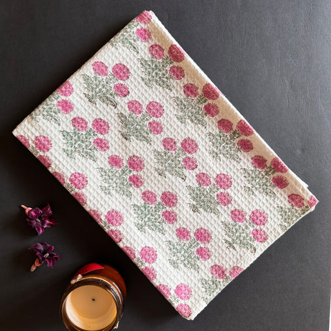 Pink Blossom Block Printed Waffle Cotton Body Towel