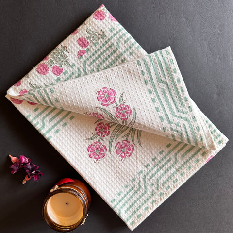 Pink Blossom Block Printed Waffle Cotton Body Towel