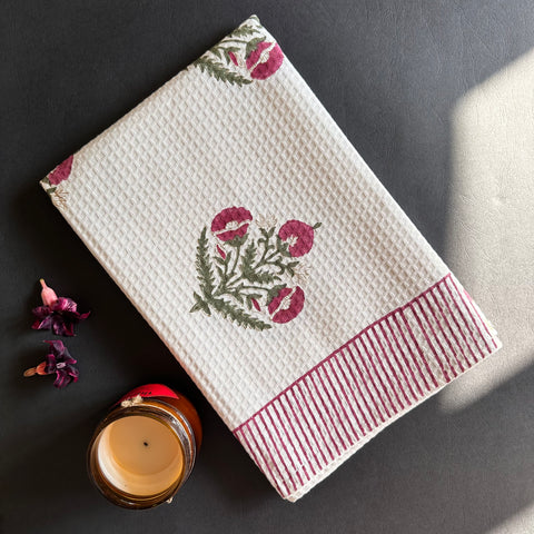 Crimson Blossom Block Printed Waffle Cotton Hand Towel