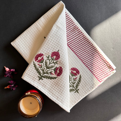 Crimson Blossom Block Printed Waffle Cotton Hand Towel