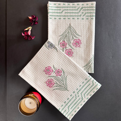 Pink Pastel Petal Block Printed Waffle Cotton Hand Towel