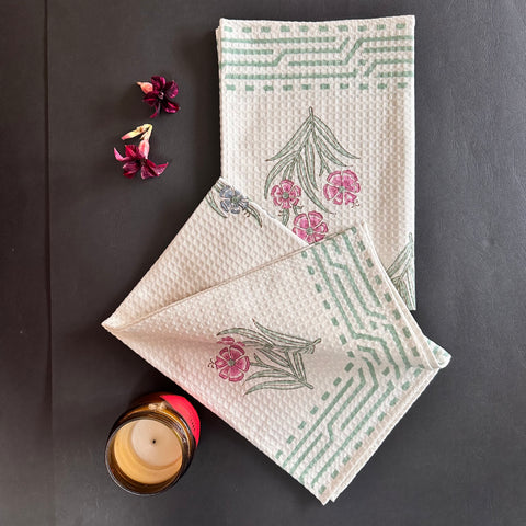 Pink Pastel Petal Block Printed Waffle Cotton Hand Towel