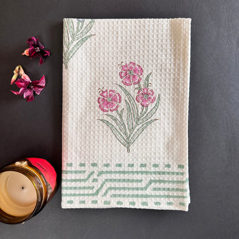 Pink Pastel Petal Block Printed Waffle Cotton Hand Towel