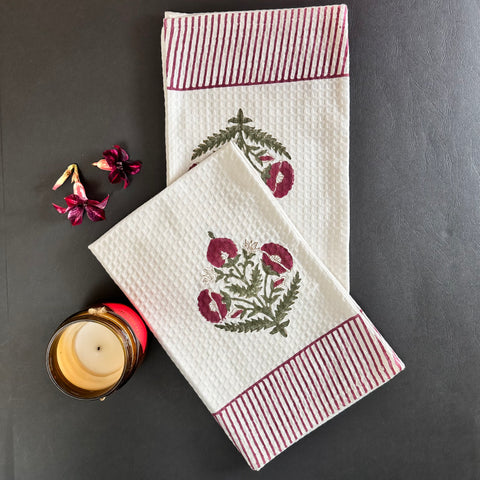 Crimson Blossom Block Printed Waffle Cotton Hand Towel