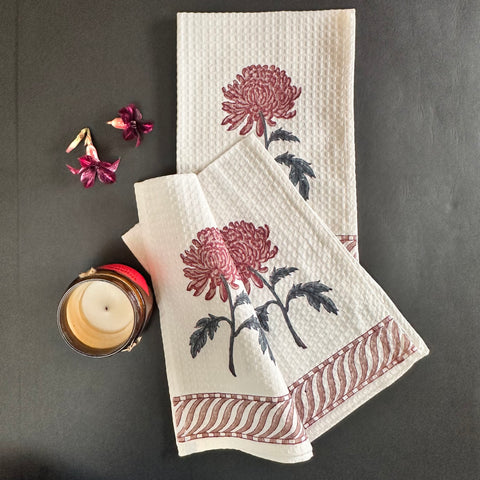 Dahlia Majesty Block Printed Waffle Cotton Hand Towel