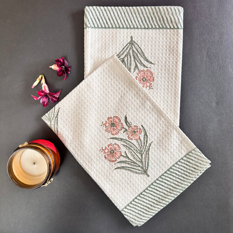 Pastel Petal Delight Block Printed Waffle Cotton Hand Towel