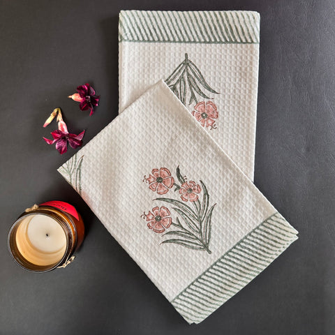 Pastel Petal Delight Block Printed Waffle Cotton Hand Towel