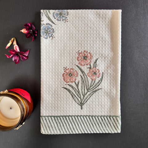 Pastel Petal Delight Block Printed Waffle Cotton Hand Towel