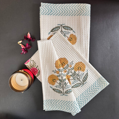 Golden Marigold Block Printed Waffle Cotton Hand Towel