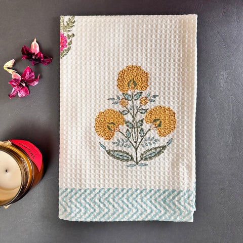 Golden Marigold Block Printed Waffle Cotton Hand Towel