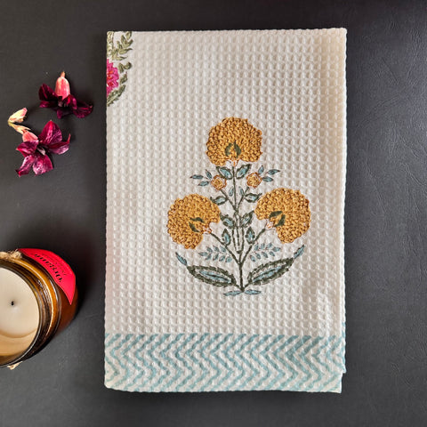 Golden Marigold Block Printed Waffle Cotton Hand Towel