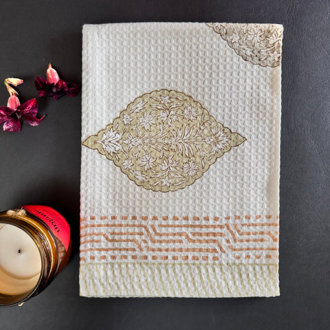 Sage Shell Block Printed Waffle Cotton Hand Towel