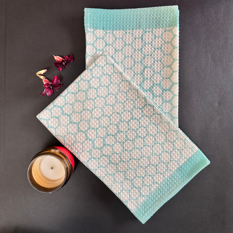 Blue Hexagon Block Printed Waffle Cotton Hand Towel