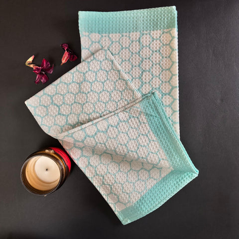 Blue Hexagon Block Printed Waffle Cotton Hand Towel