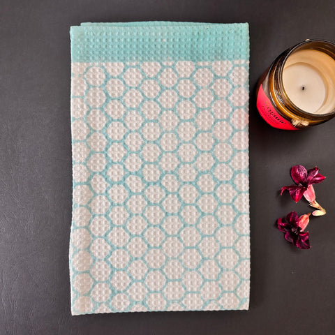 Blue Hexagon Block Printed Waffle Cotton Hand Towel