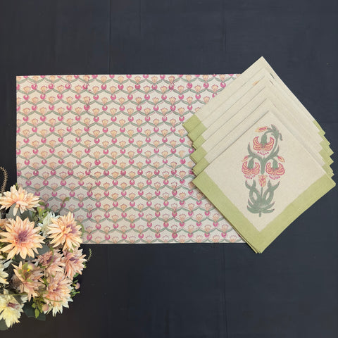 Red Petals of Joy Block Printed Table Mat & Napkin Set