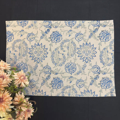 Blossoms Of Blue Block Printed Table Mat & Napkin Set