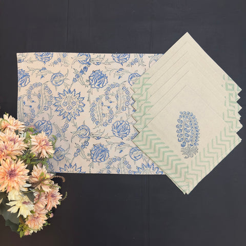 Blossoms Of Blue Block Printed Table Mat & Napkin Set