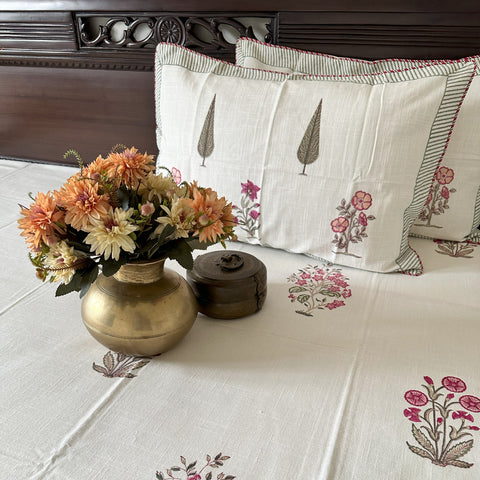 Floral Whisper Slub Cotton Block Printed Bedcover