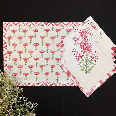 Vibrant Red Bloom Block Printed Runner & Mat Set