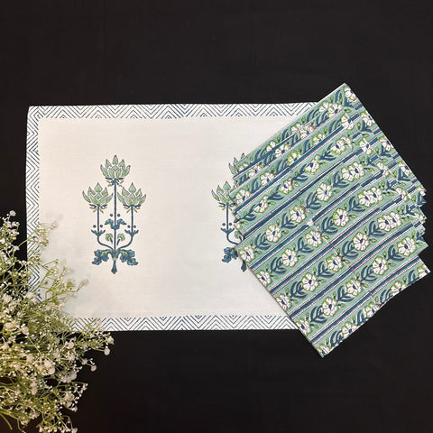 Emerald Bloom Block Printed Runner & Mat Set