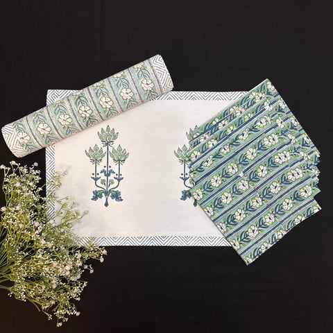 Emerald Bloom Block Printed Runner & Mat Set