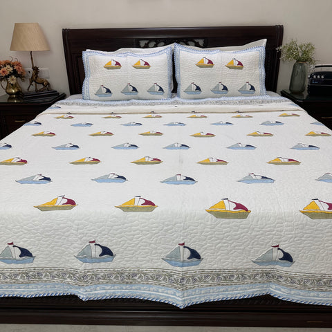 Marine Adventure-Blue Kids Non-Reversible Hand Block Printed Quilted Bedcover  Set of 3