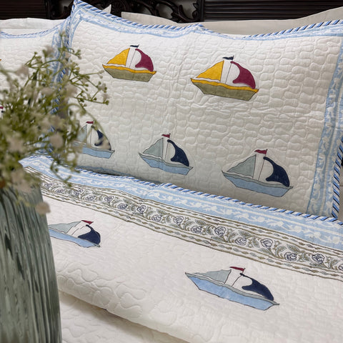 Marine Adventure-Blue Kids Non-Reversible Hand Block Printed Quilted Bedcover  Set of 3