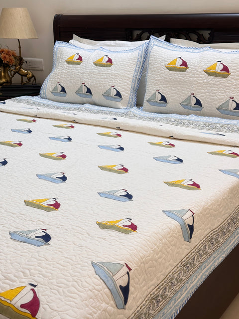 Marine Adventure-Blue Kids Non-Reversible Hand Block Printed Quilted Bedcover  Set of 3