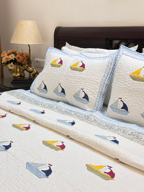 Marine Adventure-Blue Kids Non-Reversible Hand Block Printed Quilted Bedcover  Set of 3