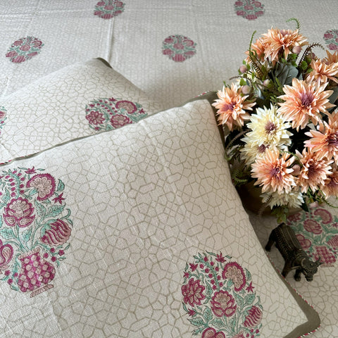 Blossom Heaven Slub Cotton Block Printed Bedcover