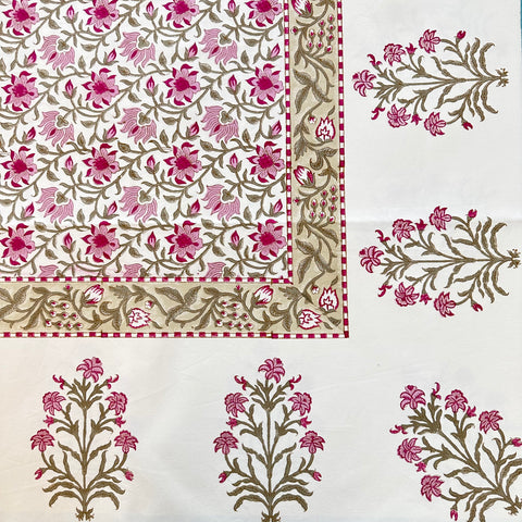 Pink Floral Jaal Block Printed Table Cloth