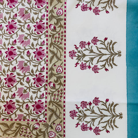 Pink Floral Jaal Block Printed Table Cloth