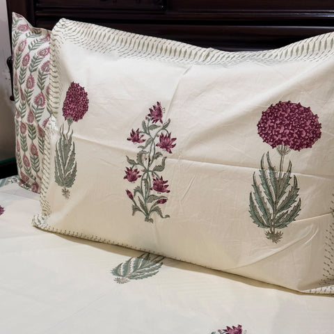 Deep Crimson Hydrangeas Block Printed Bedsheet Cream Base