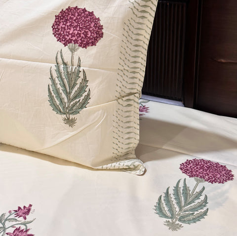 Deep Crimson Hydrangeas Block Printed Bedsheet Cream Base